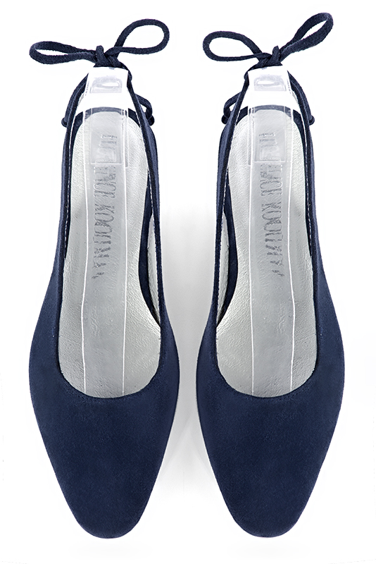 Navy blue women's slingback shoes. Round toe. Low block heels. Top view - Florence KOOIJMAN